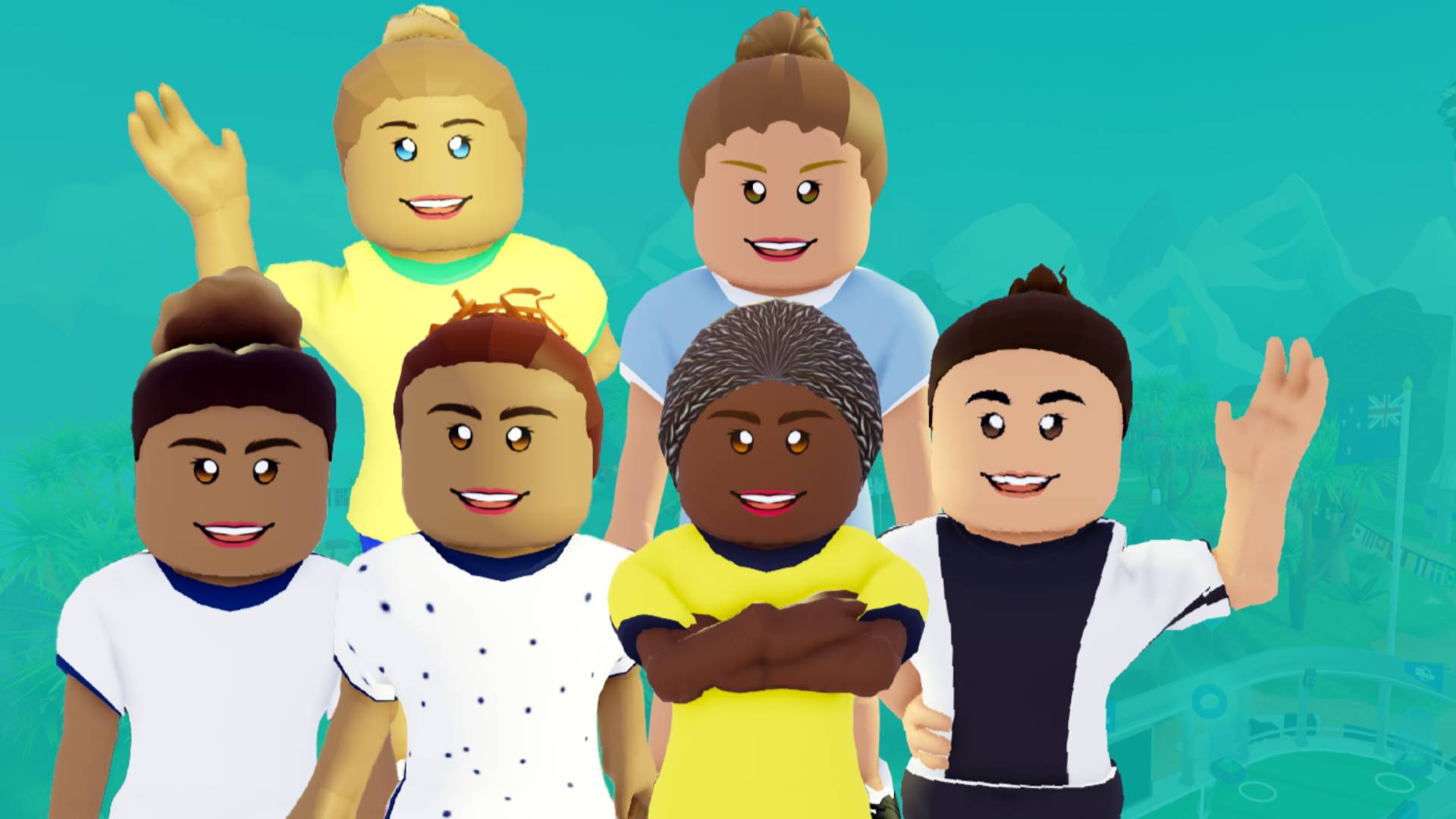 An image from Unilever’s Rexona brand. Animated avatars of six women football players, smiling and waving, in football kit.