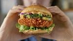 Close-up of a crispy fried chicken sandwich being held with both hands. The sandwich features a golden-brown breaded chicken fillet, fresh lettuce, pickles, red onion slices, and a creamy sauce inside a toasted bun.