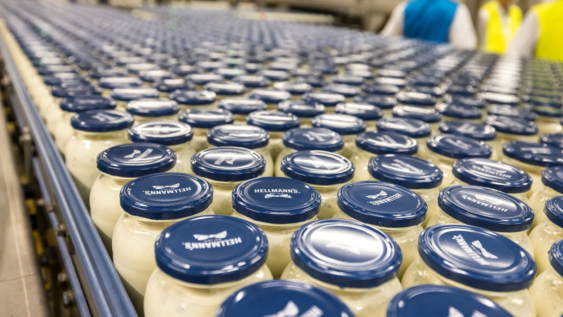 Hellmann’s mayonnaise jars on a production line at Poznan, a Unilever factory recognised for its talent innovation.