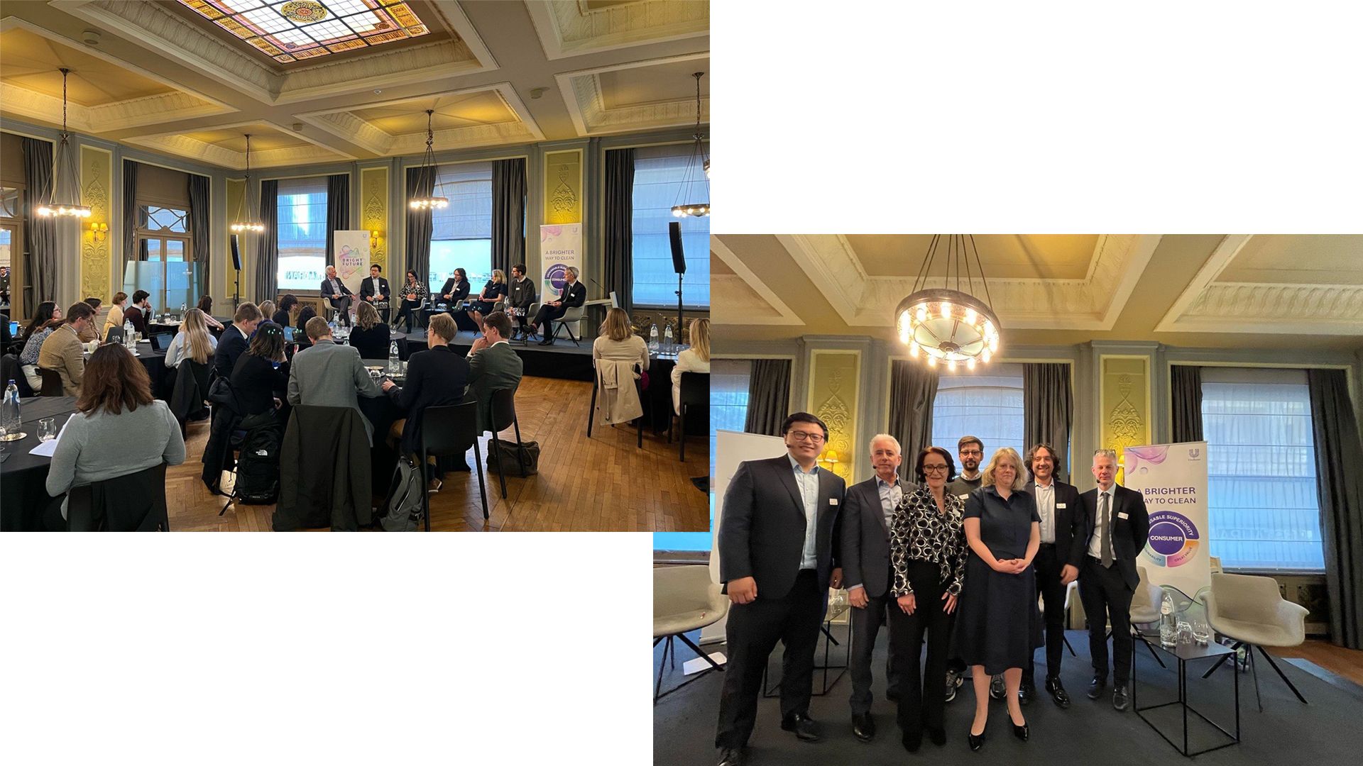 Two images of an event in a large, elegant room. The first image shows attendees seated at round tables facing a stage where speakers are presenting. The second image shows five individuals standing together in front of a banner, posing for a group photo.
