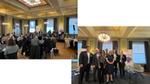 Two images of an event in a large, elegant room. The first image shows attendees seated at round tables facing a stage where speakers are presenting. The second image shows five individuals standing together in front of a banner, posing for a group photo.