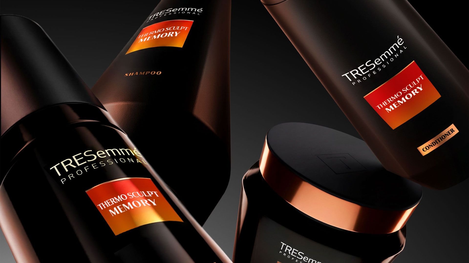 TRESemmé Professional Thermo Sculpt Memory haircare range, including black bottles of shampoo and conditioner and styling products, shown against a dark background with orange gradient labels.