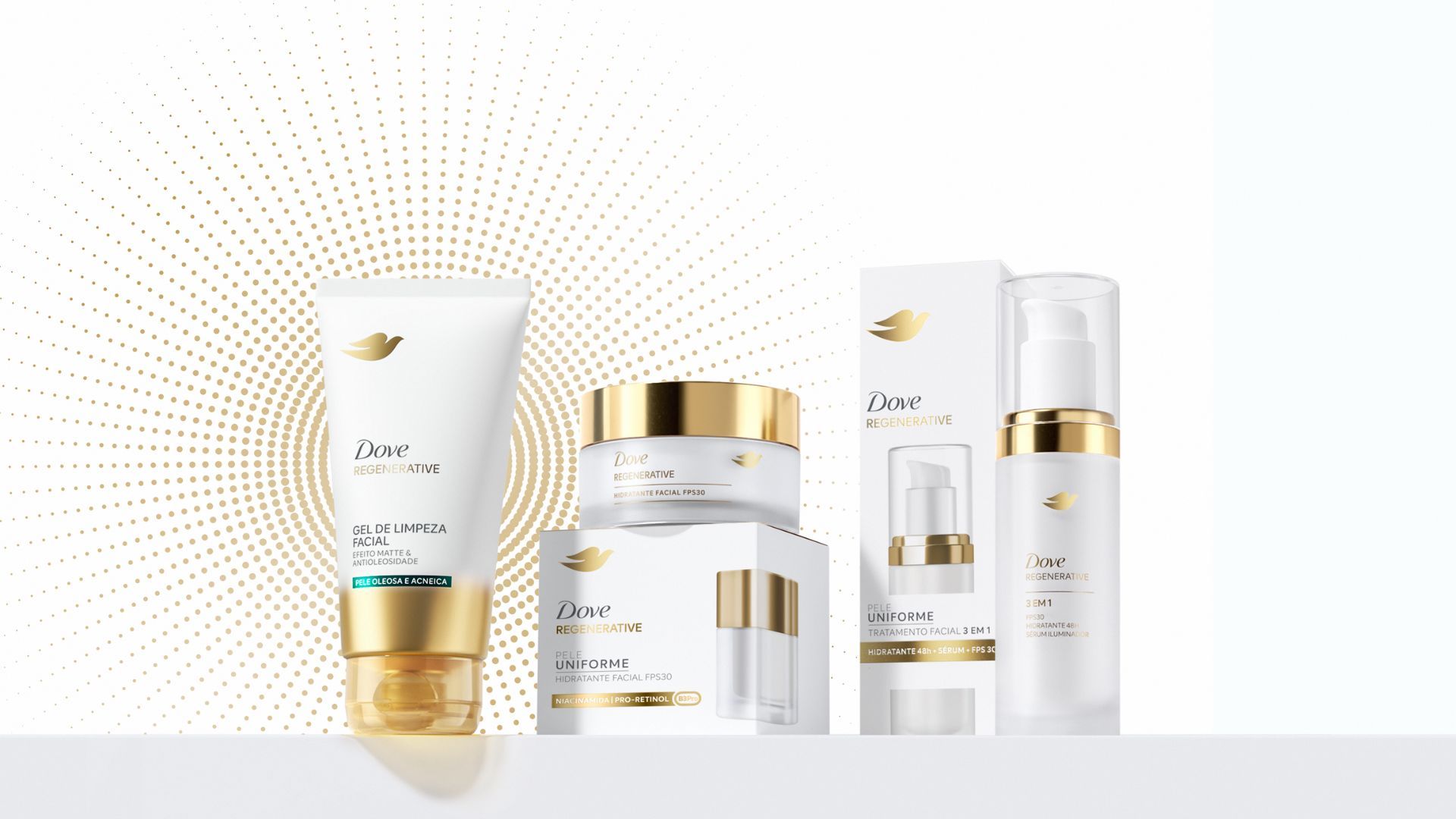 A photo of three skincare products from the Dove Regenerative dermocosmetics range, which has launched in Brazil. Packaging is white with gold accents.