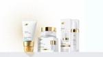 A photo of three skincare products from the Dove Regenerative dermocosmetics range, which has launched in Brazil. Packaging is white with gold accents.