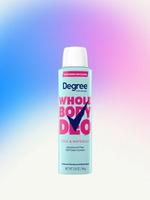 A can of Degree Whole Body Deo in the Rose & Waterlily variant, shown on a pink‑and‑blue gradient background.
