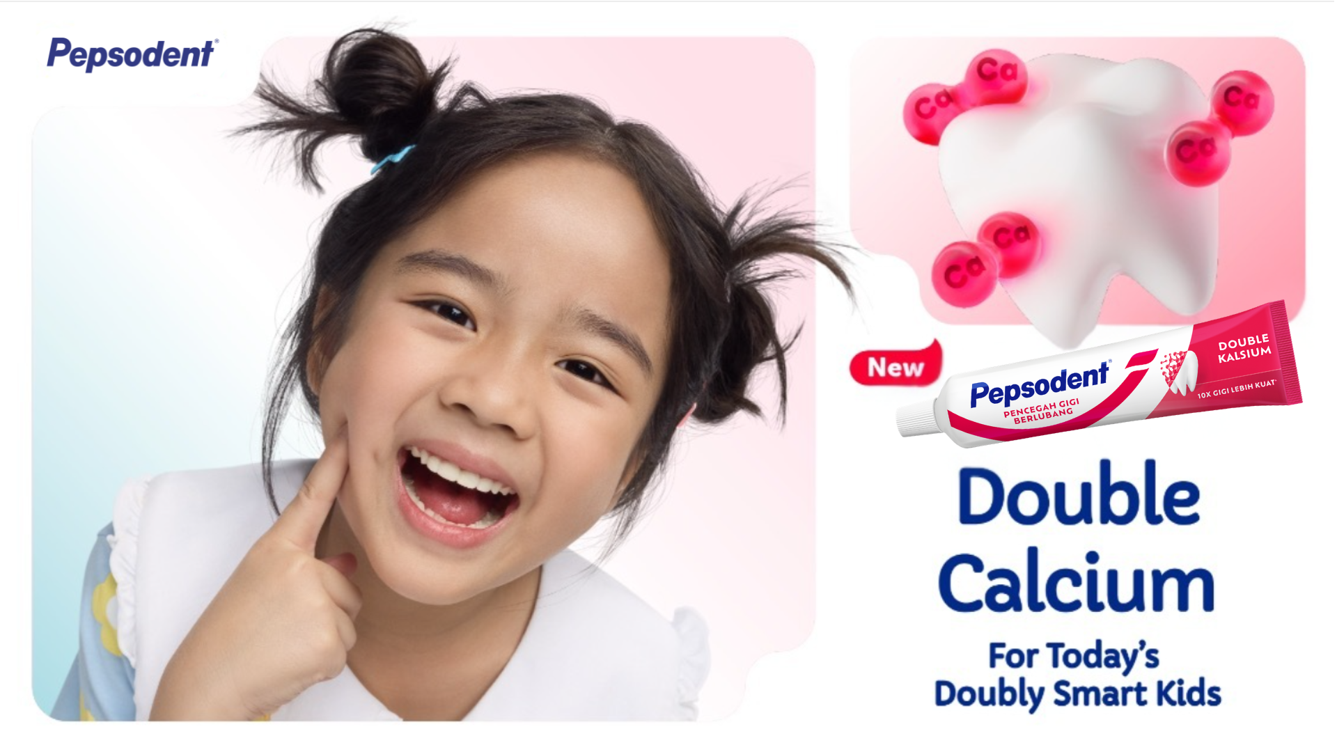 Pepsodent’s Double Calcium toothpaste campaign featuring the brand’s Smile design, a cartoon tooth and a girl smiling.