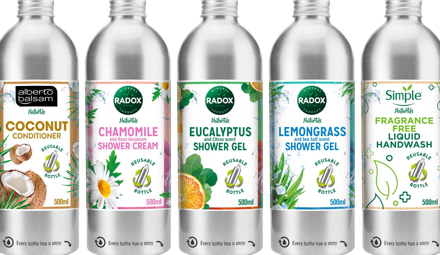 Five stainless steel bottles for Unilever brands