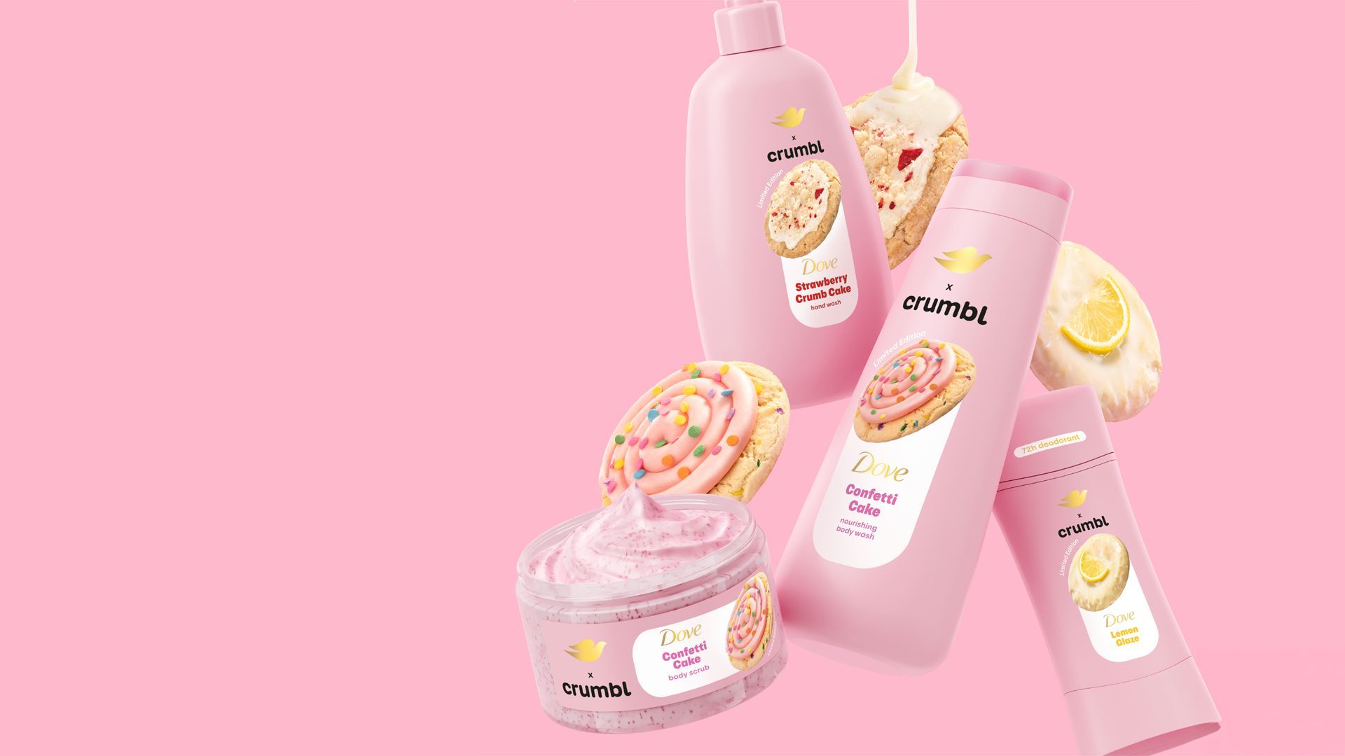 An image of  Dove's Crumbl products including Strawberry Crumb Cake, Confetti Cake and Lemon Glaze on a pink background.