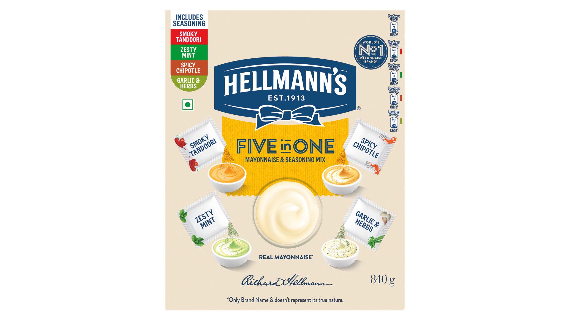 A box of Hellmann’s 5-in-1 Mayonnaise & Seasoning Mix showing a jar of Hellmann’s mayonnaise and four packs of seasoning flavours: smoky tandoori, zesty mint, spicy chipotle and garlic & herbs.