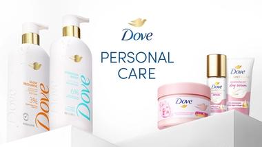 Banner featuring Personal Care text, flanked by premium shower gel pump bottles and a selection from the Dove serum range.