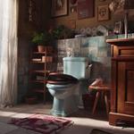 Cozy bathroom with blue toilet and wooden furniture.