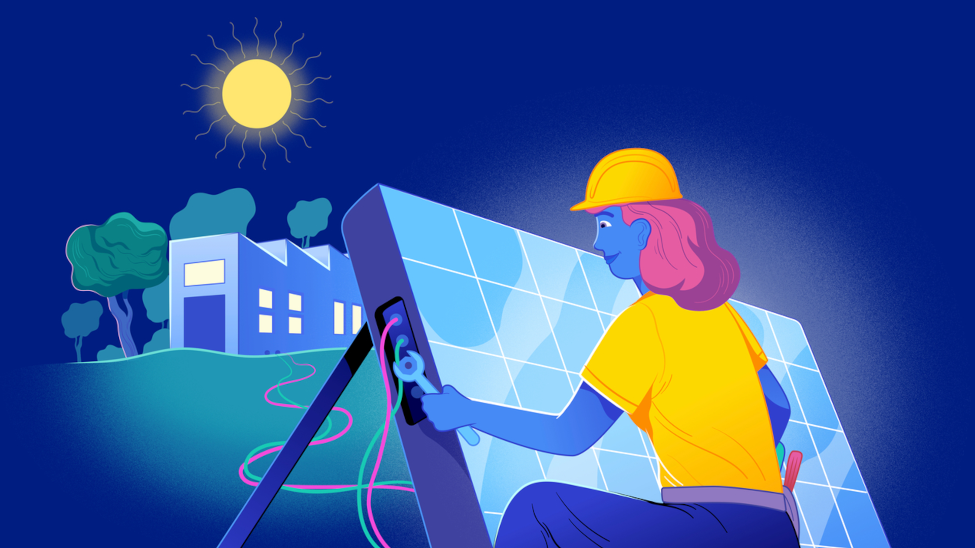 Colourful illustration of someone looking at the electric panel on a solar panel in front of a house