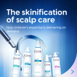 Clear ScalpCeuticals Pro product lineup under ‘The skinification of scalp care’ headline on a blue gradient background.