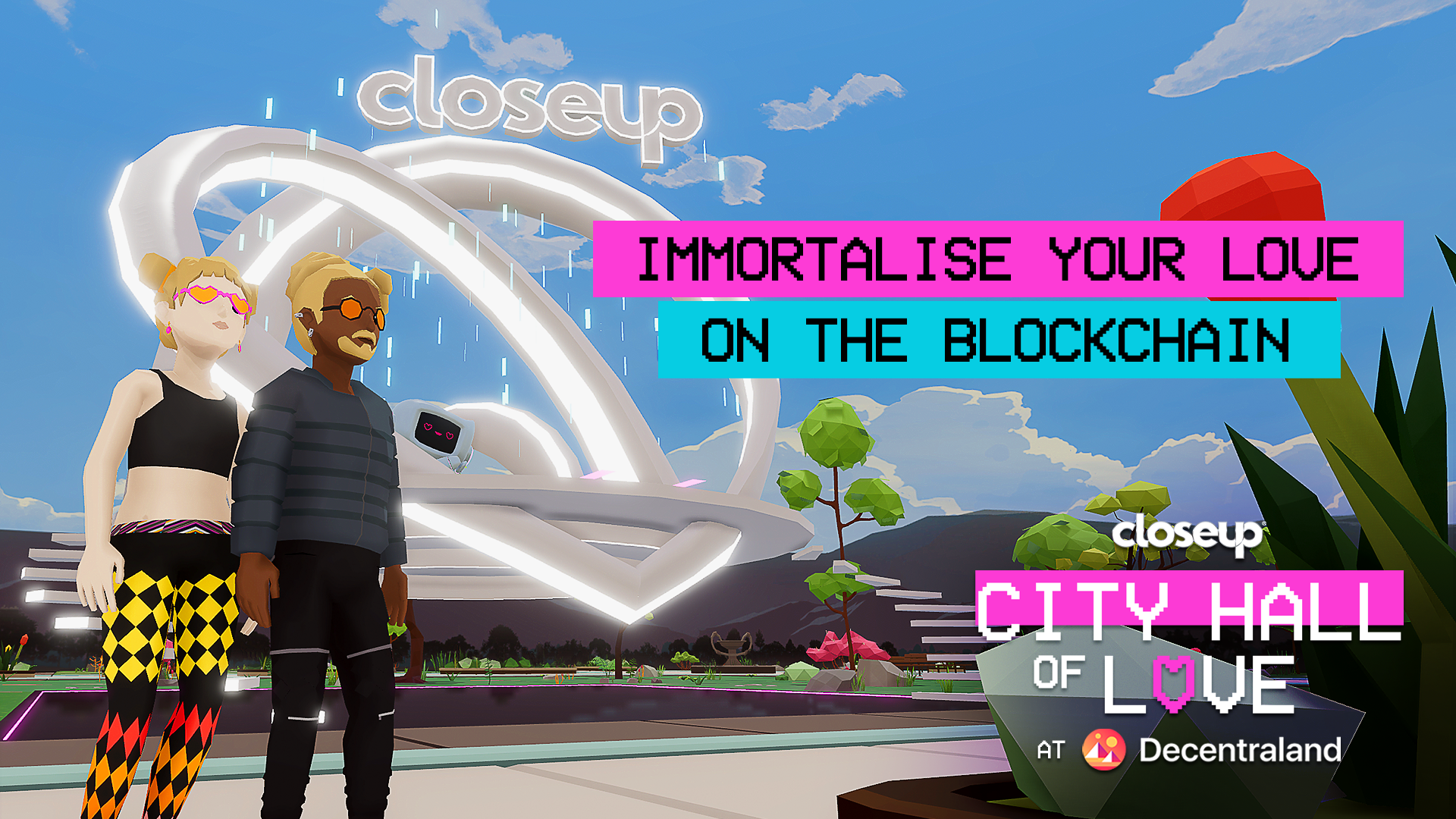 Two avatars holding hands in the Closeup metaverse