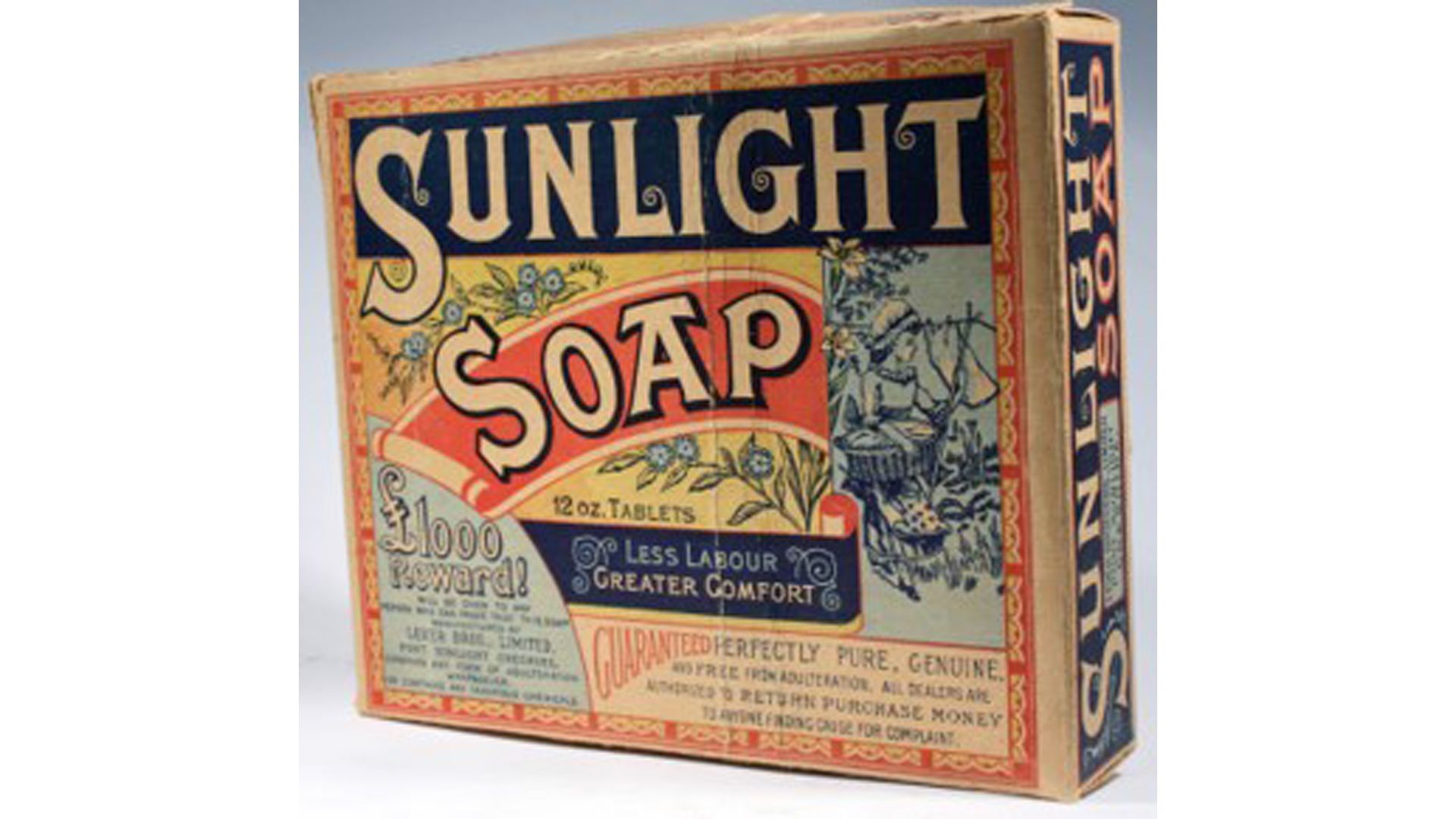 a vintage square bar of Sunlight soap in brown paper, branded packaging