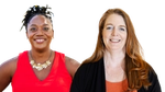 Tiffany Yizar is a black woman in a red top. Dr Sam Samaras is a white woman with long red hair. Both are smiling and looking to camera.