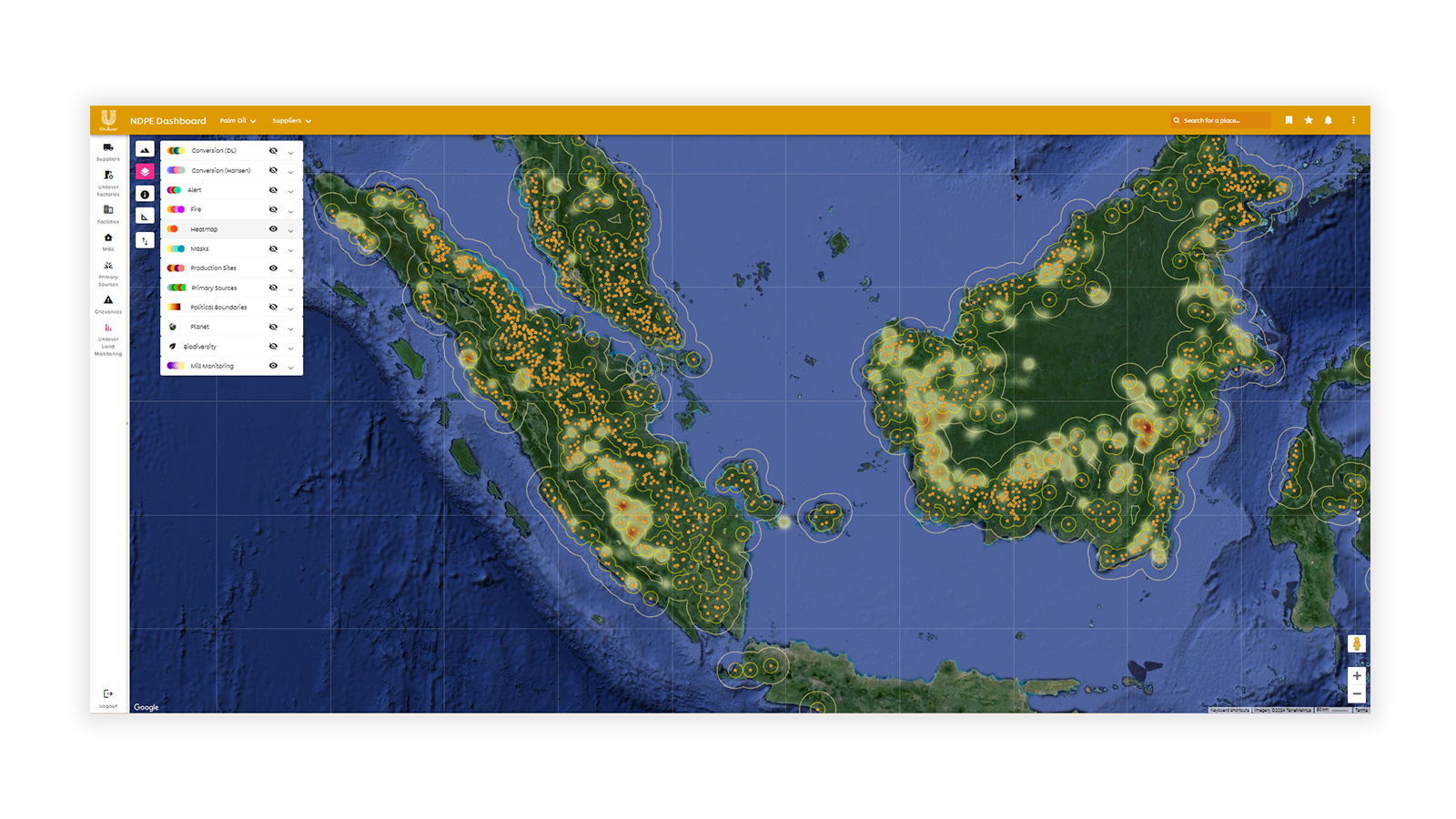 The NDPE dashboard showing a snapshot of Unilever’s supply chain monitoring