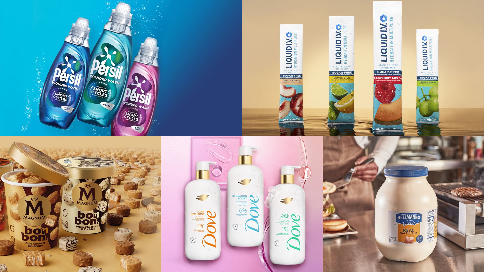 A collage of five product groups on colourful backgrounds. Three Persil laundry detergent bottles in blue, teal, and purple with the Dirt is Good 'splay' logo. Four Liquid I.V. hydration sticks in assorted flavours (white peach, lemon lime, raspberry melon and green grape) standing upright. Two Magnum Bon Bon ice cream tubs with scattered chocolate-coated pieces. Three Dove body wash bottles in assorted variants (Glow recharge, Hydration boost and Acne clear). A large jar of Hellmann’s Real Mayonnaise on a stainless steel counter in a food preparation area.