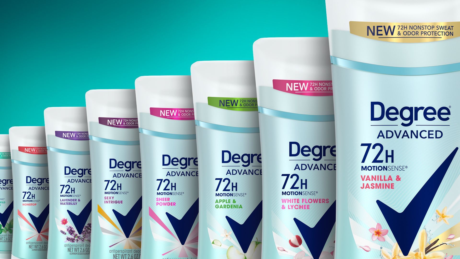 A row of Degree stick deodorants displaying our 72-hour protection technology sticker.