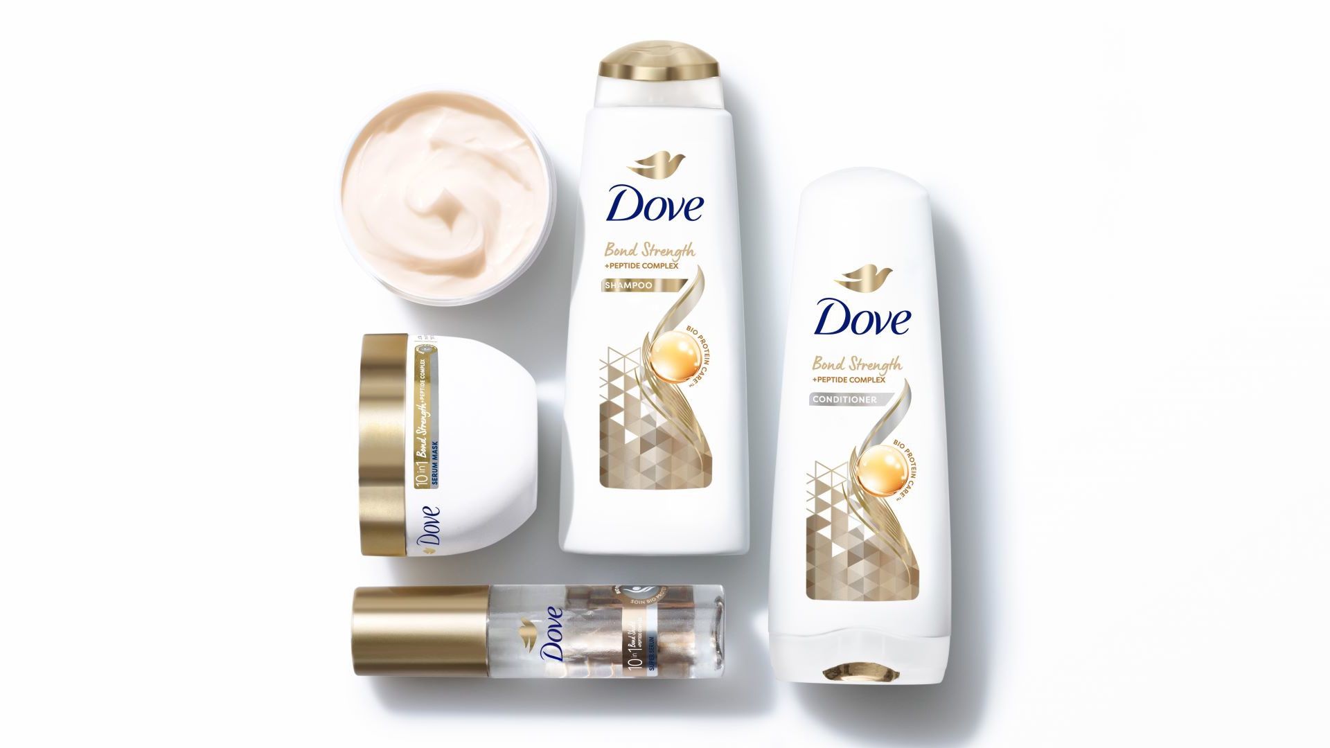 Five products from Dove’s Bond Strength range with advanced bond strengthening technologies to repair extreme hair damage.