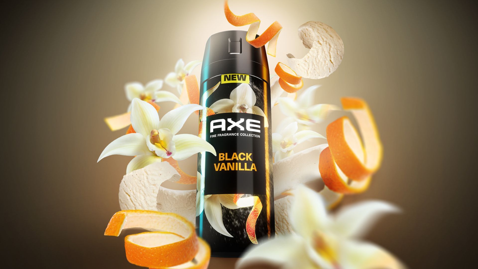 A can of Axe Black Vanilla surrounded by vanilla flowers, curls of orange zest and scoops of vanilla ice cream.