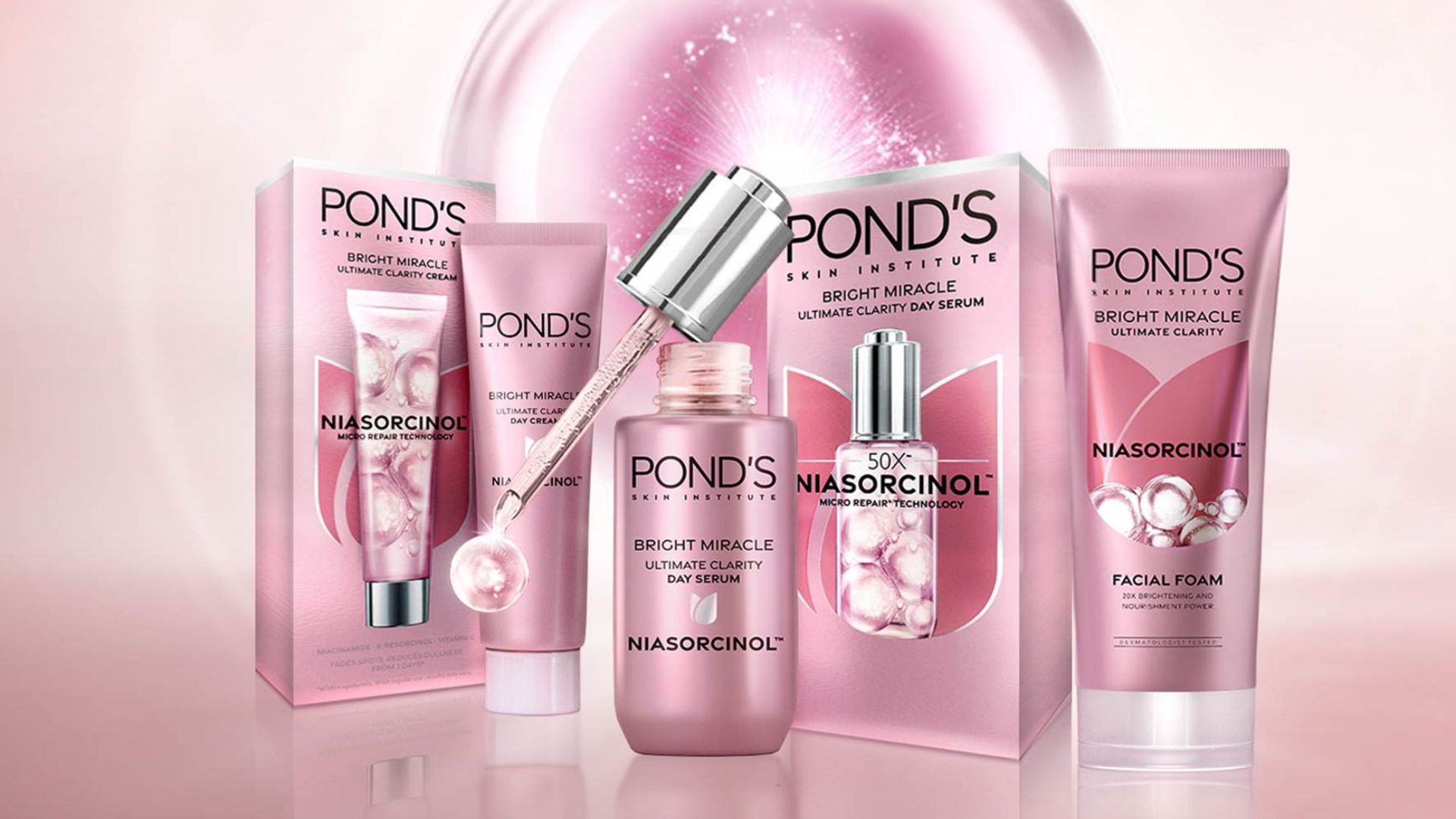 A selection of products from the Pond’s Skin Institute Bright Miracle range, including facial foam and day serum
