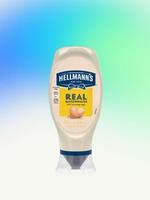 A bottle of Hellmann’s Real Mayonnaise against a blue‑to‑green gradient background.