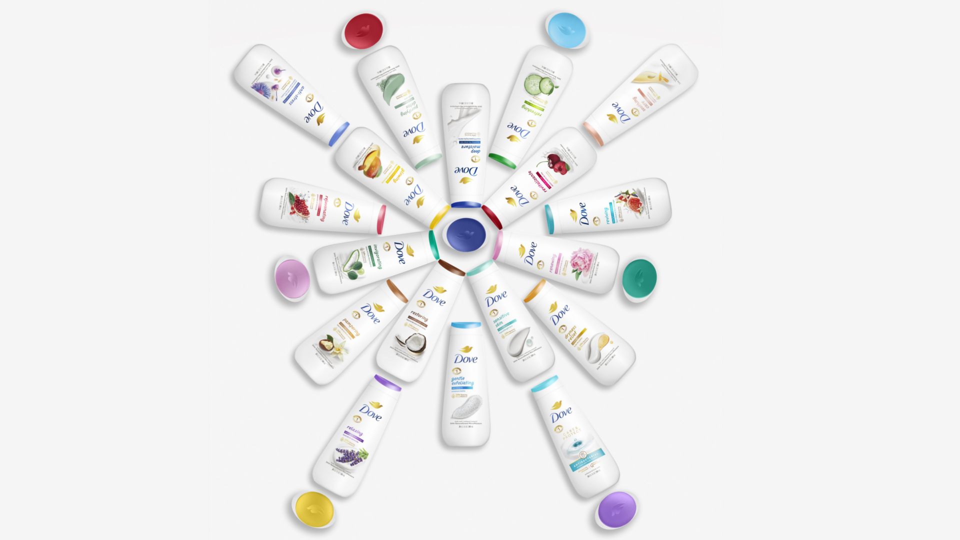 Dove Body Wash bottles arranged in a circle.
