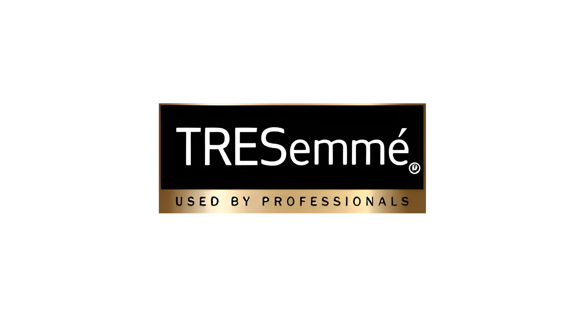 The logo for Unilever Beauty & Wellbeing’s TRESemmé  brand. White text on a black and gold label with ‘Used by professionals’