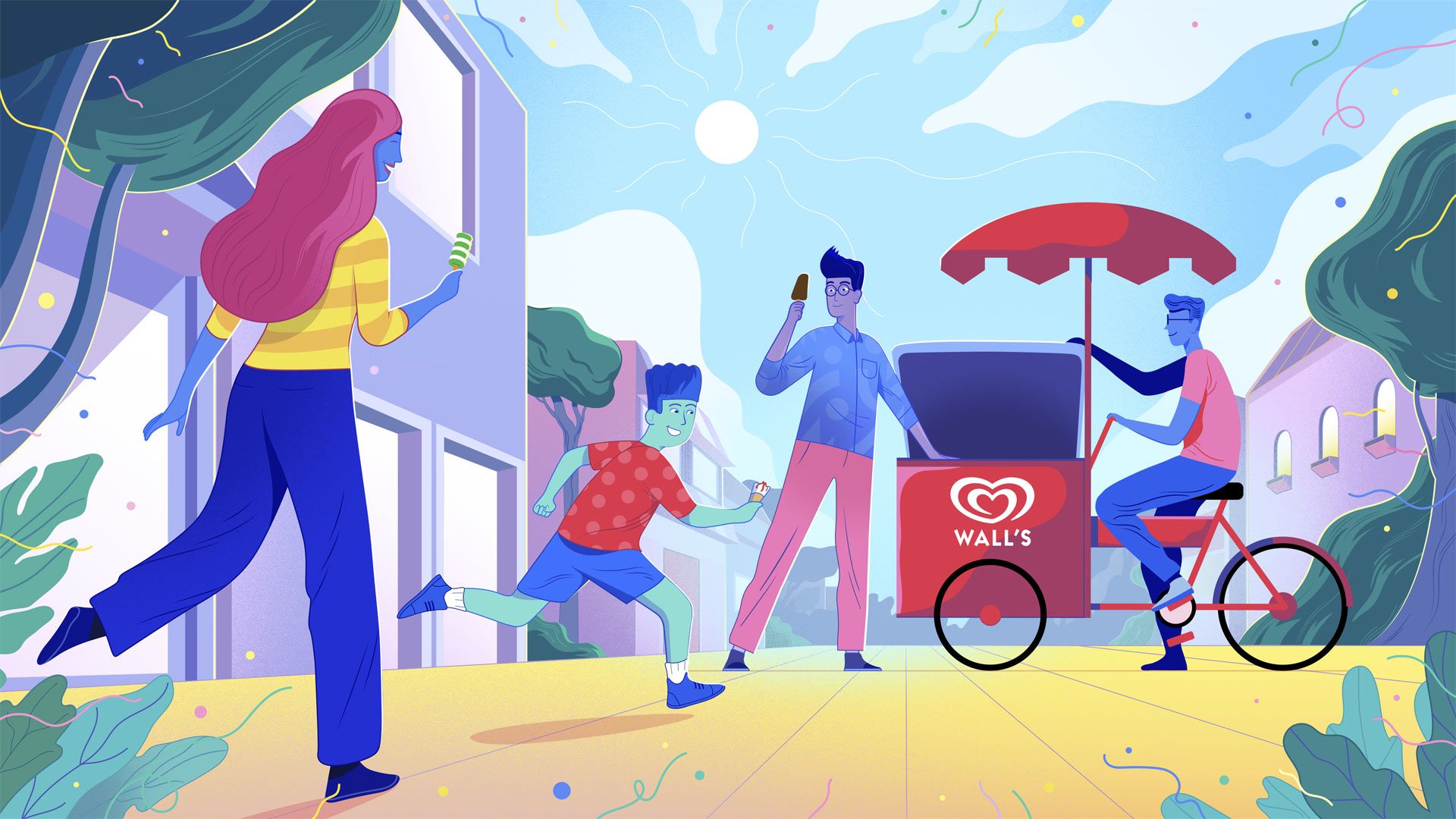 Illustration of a family getting ice creams from a walls vendor