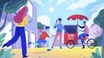 Illustration of a family getting ice creams from a walls vendor