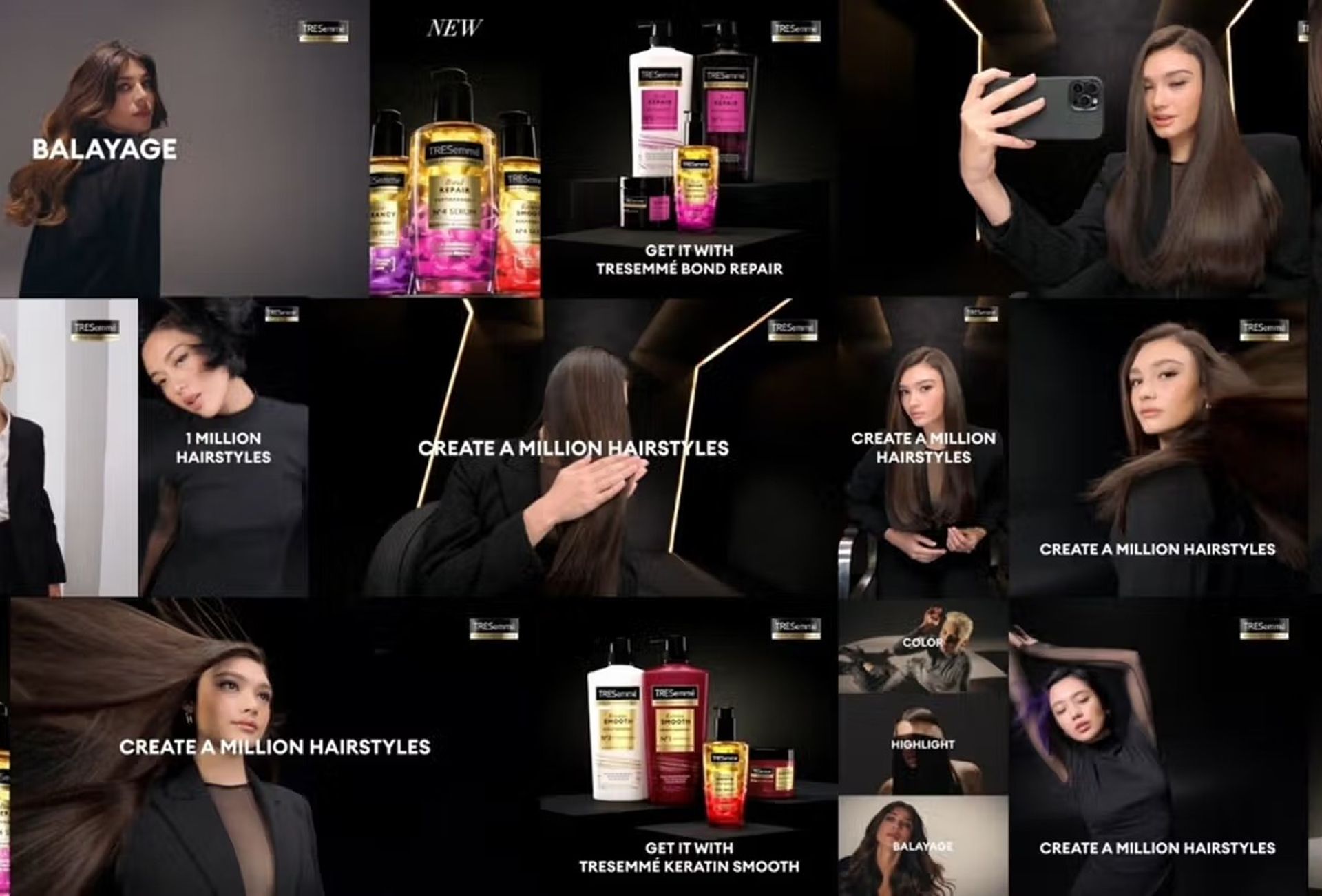 Collage of Tresemmé hair care product shots and styling visuals with text overlays like “Create a Million Hairstyles” and “Balayage.”