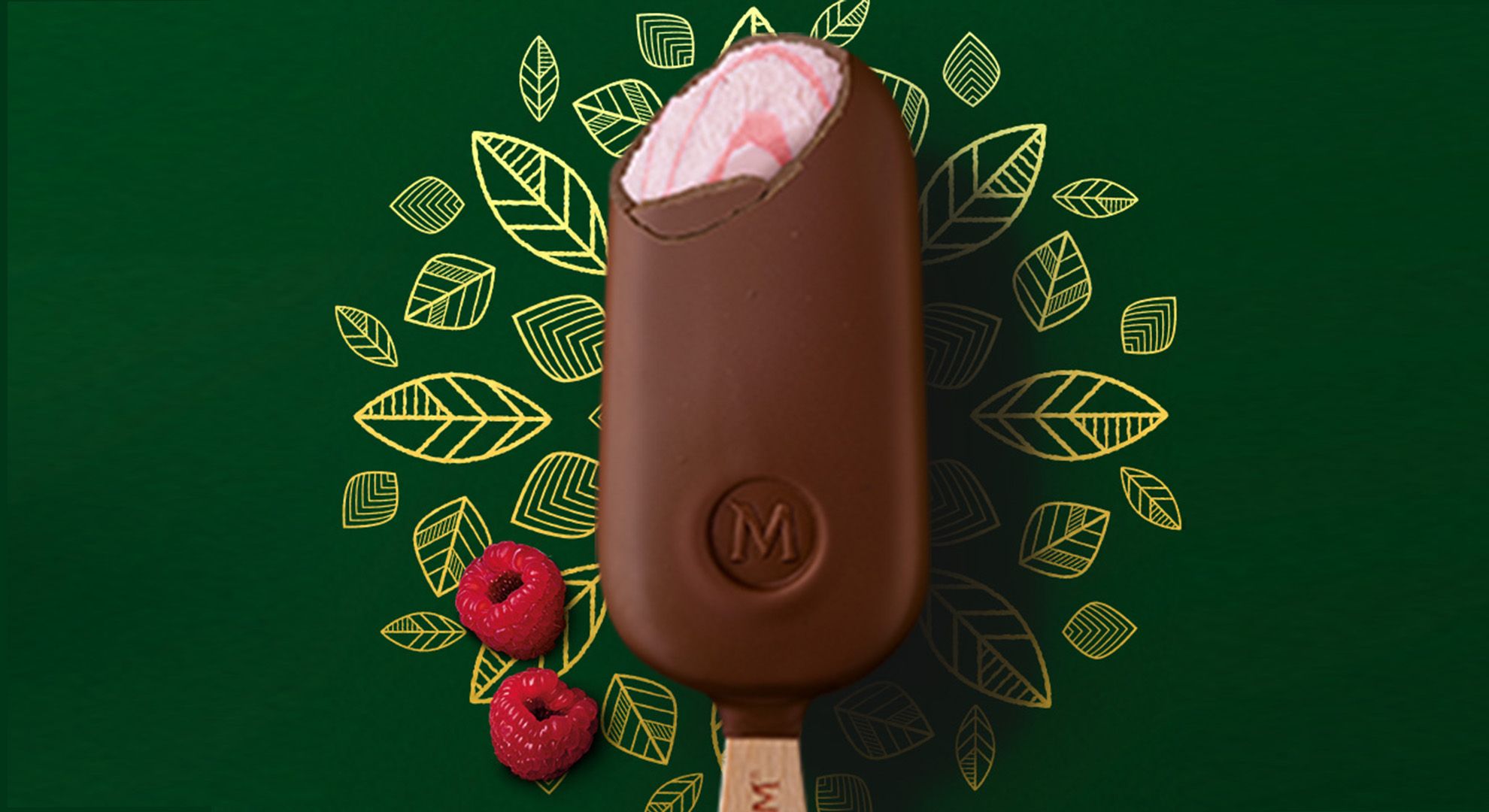 Magnum vegan raspberry ice cream against an illustrated leaf background   [5:52 PM] Shaw, Olivia That too long?
