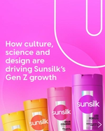 A bright pink promotional graphic with the Sunsilk logo and curved design elements. Text reads: “How culture, science and design are driving Sunsilk’s Gen Z growth.” Several colourful Sunsilk shampoo bottles in yellow, orange, pink and purple are displayed along the bottom.
