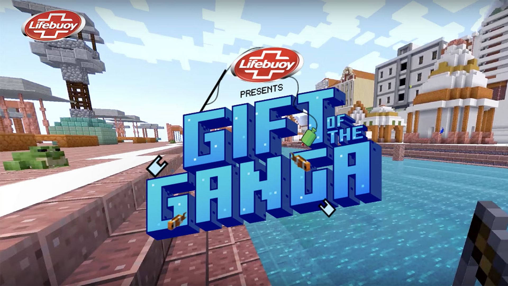 A still image from the ‘Gift of the Ganga’ metaverse game illustrating a river with buildings on each side.