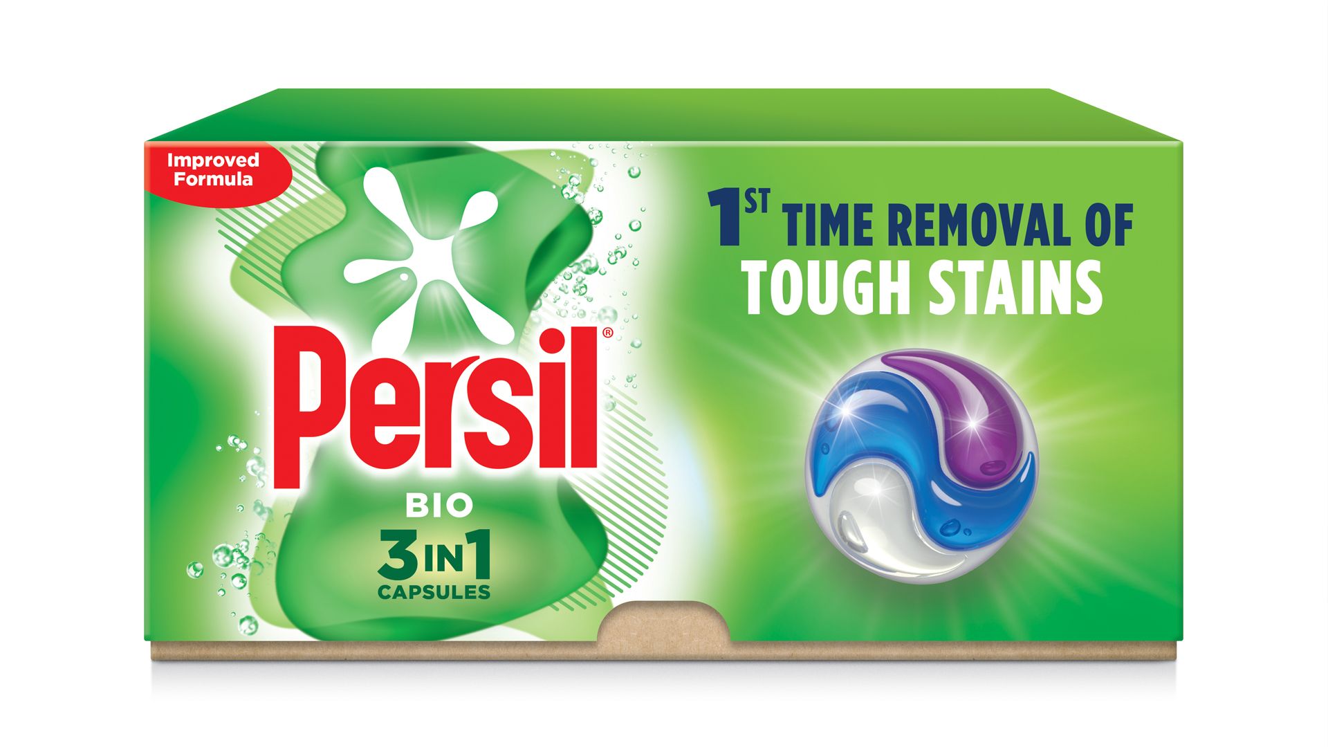 A pack-shot of Persil Bio 3-in-1 capsules with the text “1st time removal of tough stains” on the box.