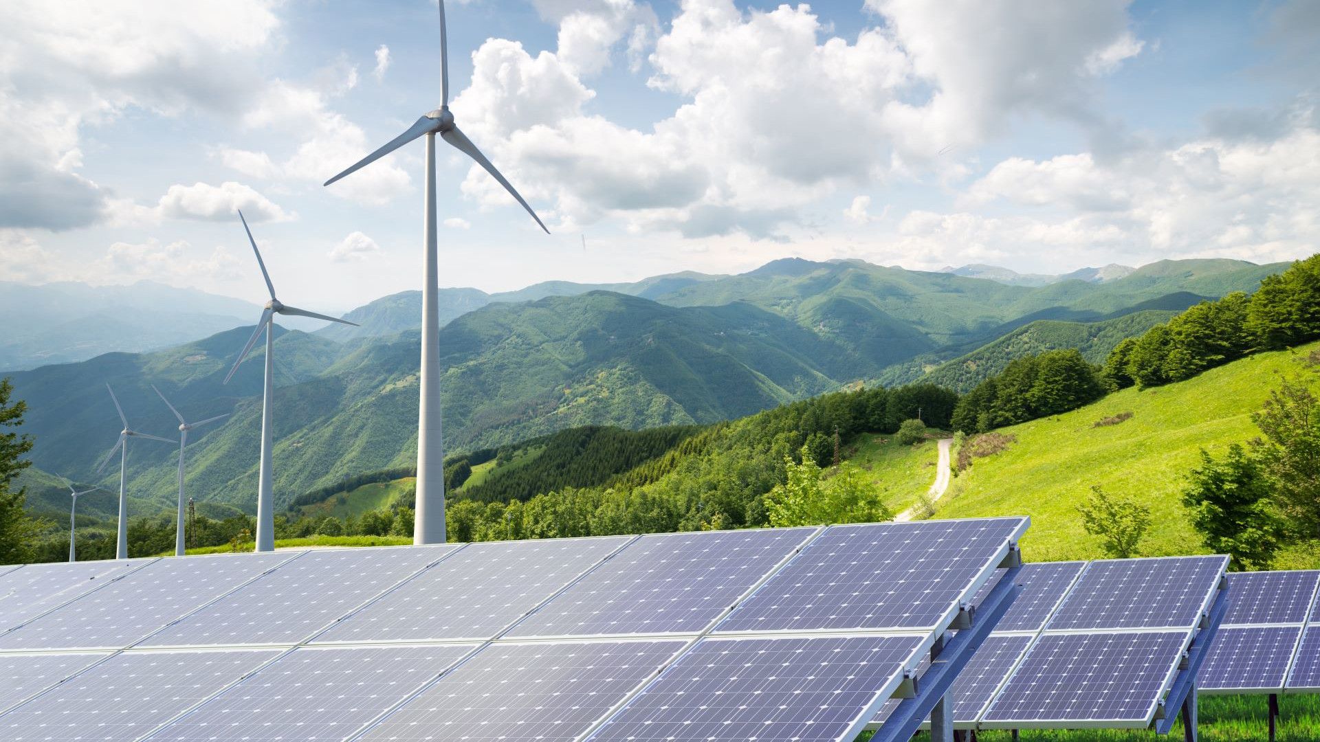 Wind turbines standing tall over a group of solar panels, within a field of grass.