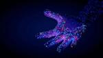 A hand reaches out on a dark blue background. It is covered in small coloured lights