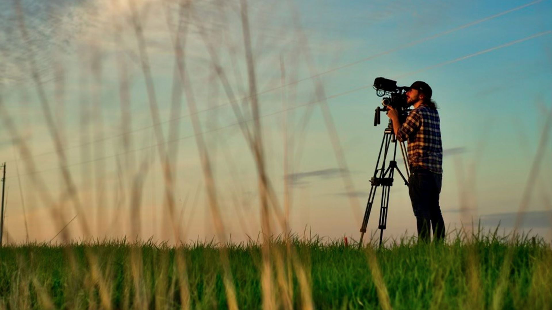 Man filming in a field at dusk 