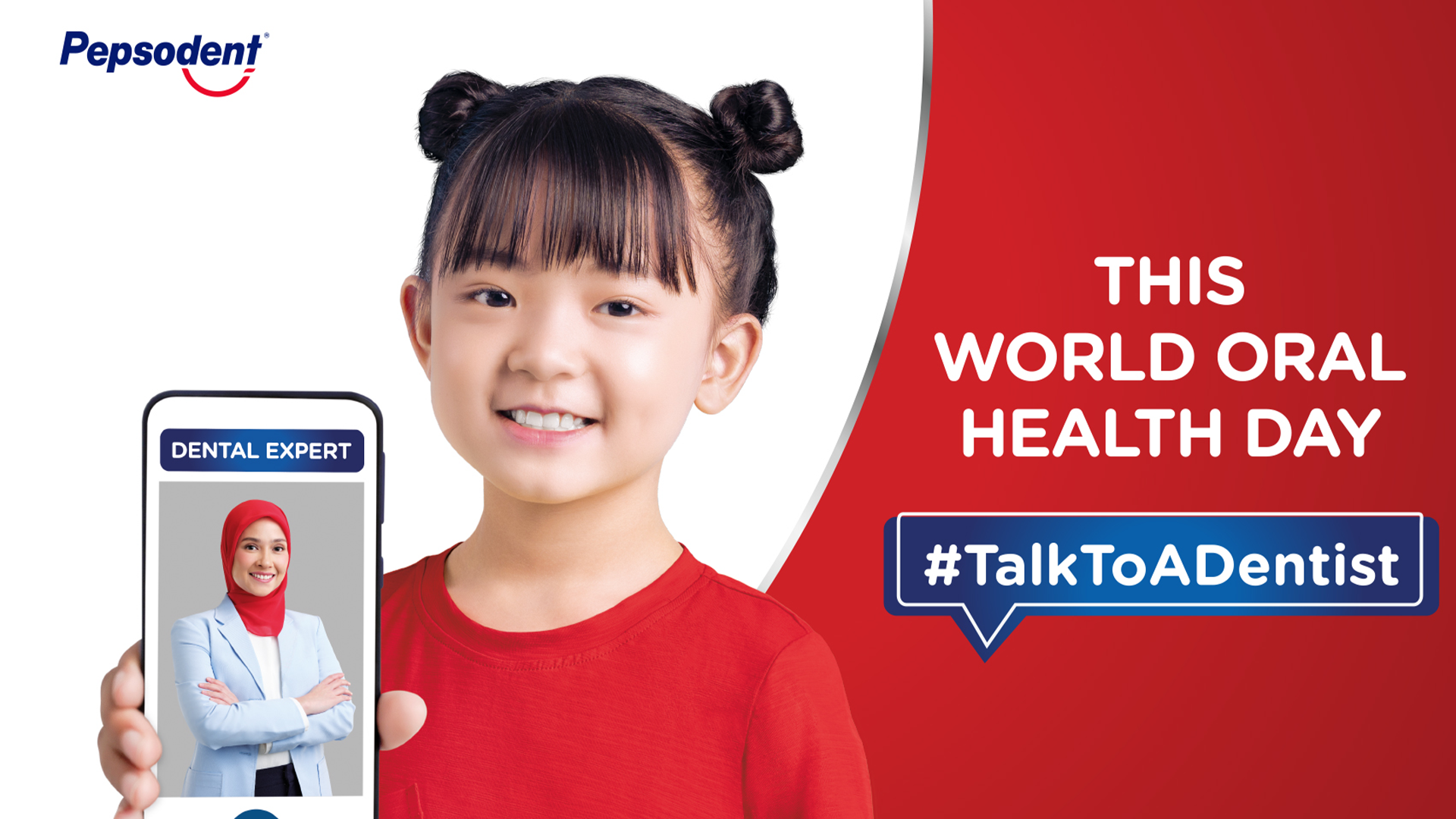 A little girl, smiling and holding a phone with the screen showing a Dental Expert to call. The caption of the image reads: ‘This World Oral Health Day #TalkToADentist’.
