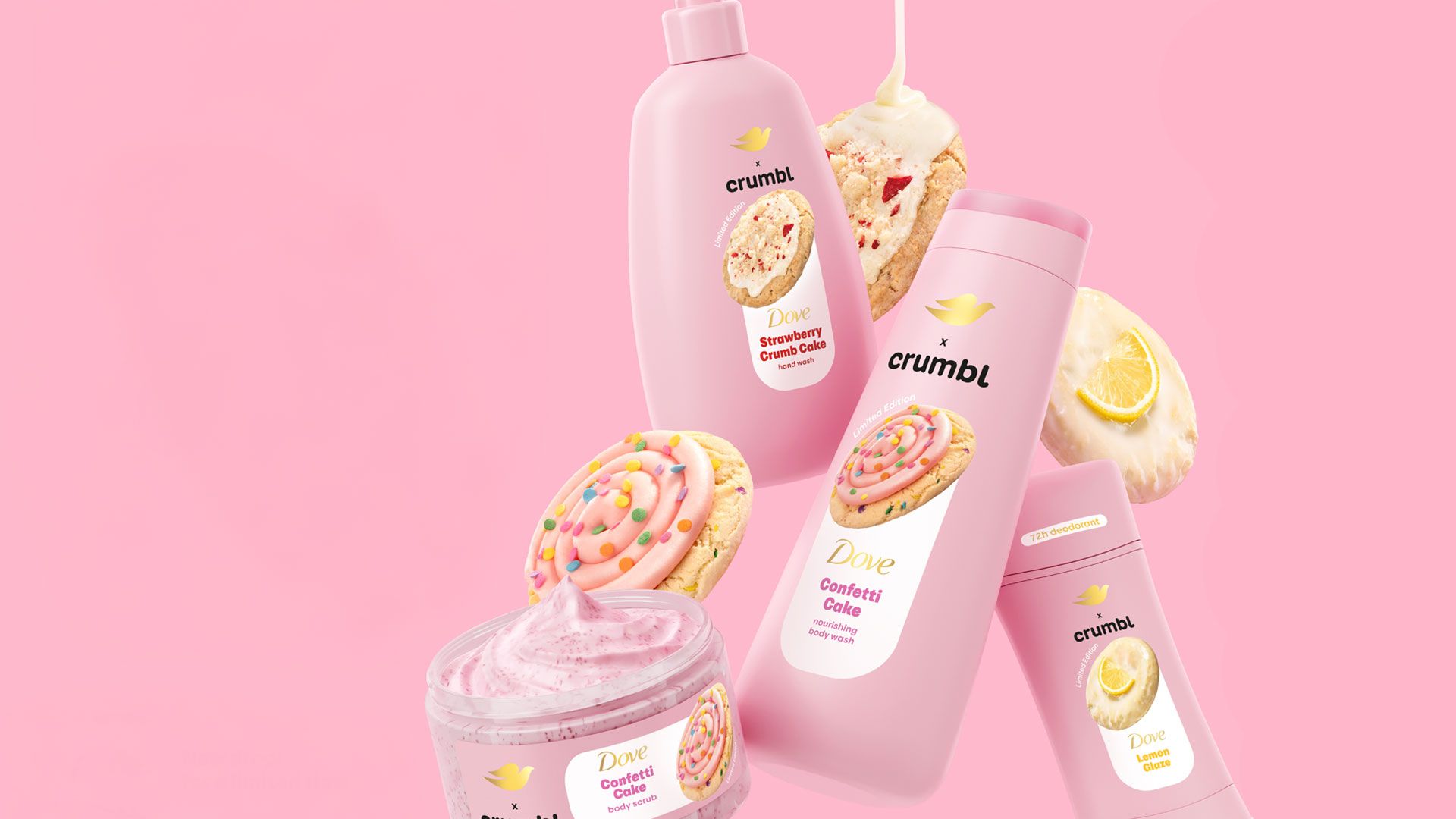Promotional banner for a limited-edition Dove x Crumbl collaboration. The image features a pink background with cookie visuals and Dove-branded personal care products.