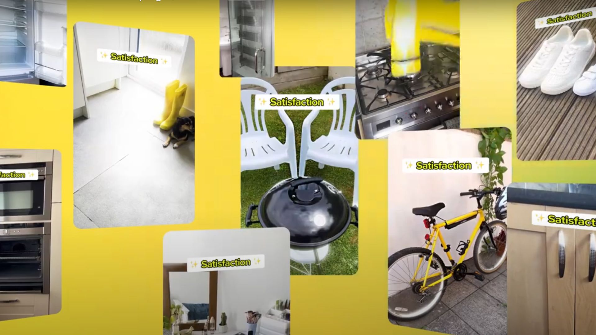 A collage of images showing things that have been cleaned with Cif such as an oven, a floor showing a pair of welly boots, a BBQ and some garden chairs, a bicycle etc. Each image has the word “Satisfaction” flashed across it.