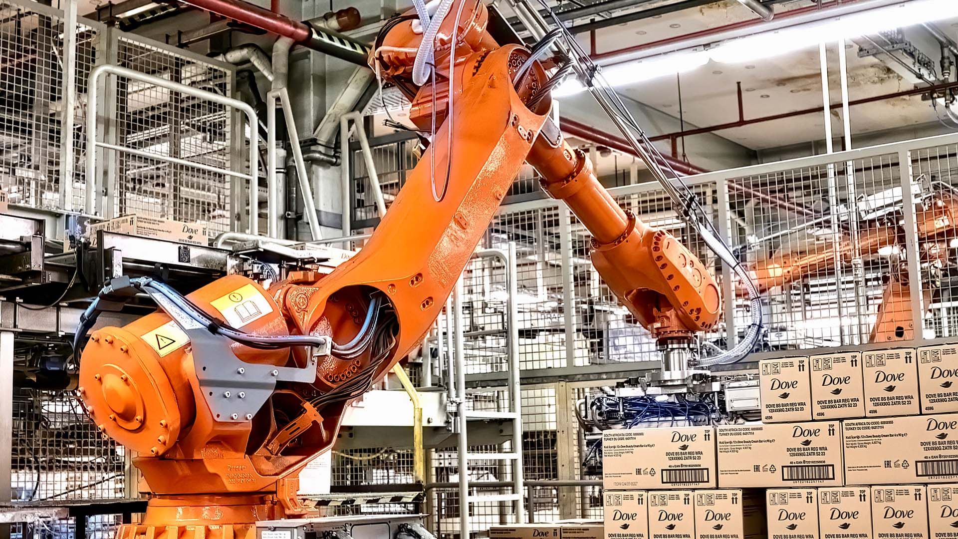 Automated picking machine placing packs of Dove Beauty Bars onto a pallet at Unilever’s Mannheim factory in Germany.