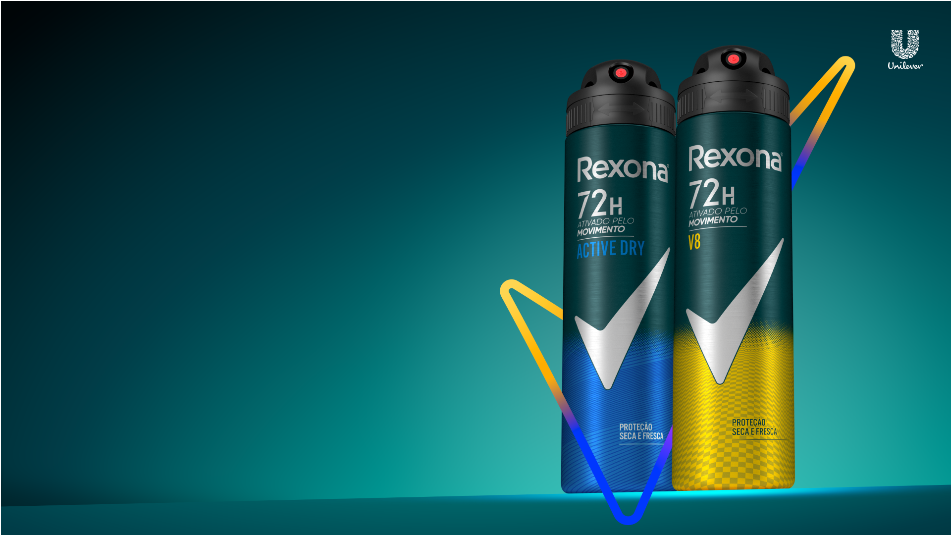 Antiperspirant deodorant sprays from Rexona’s 72-hour range. The cans are dark green, one with blue accents, one with yellow