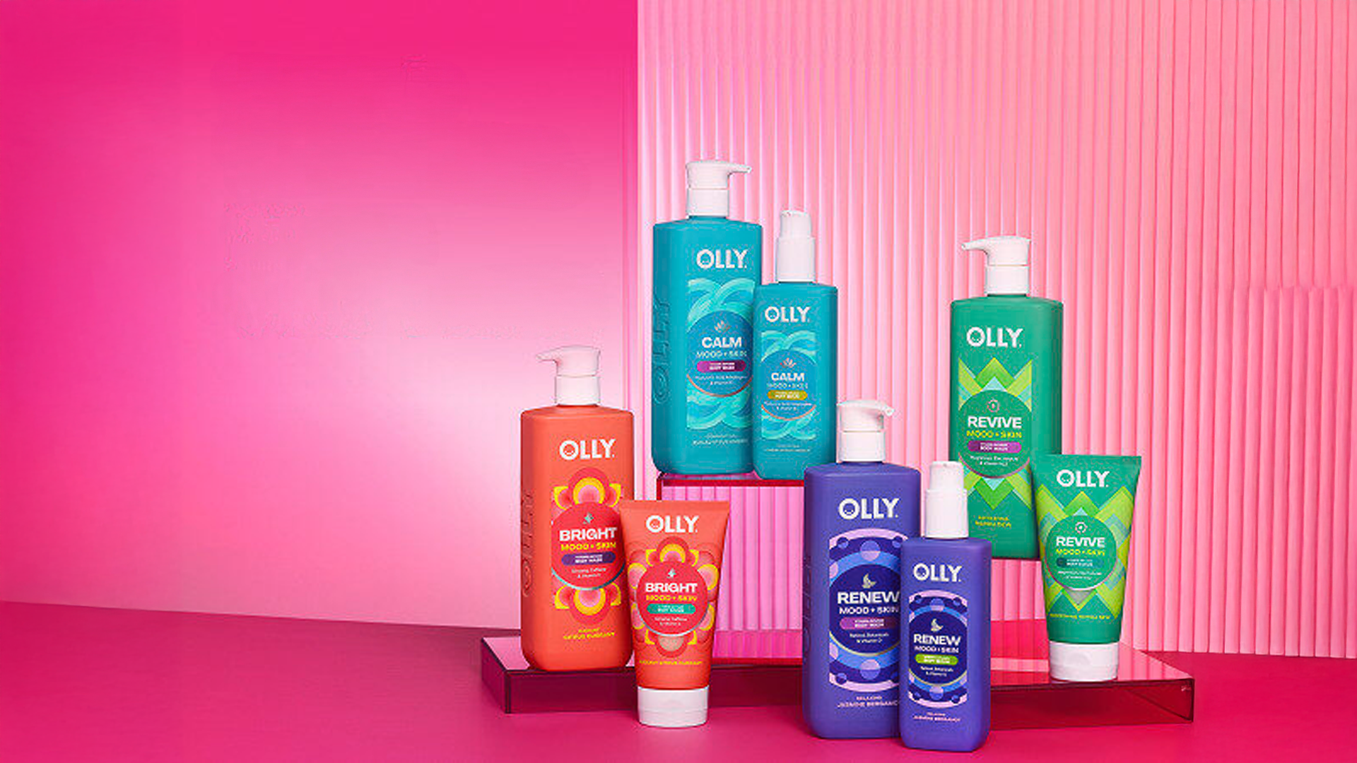 A line up of bottles of Olly’s new mood-boosting body washes.
