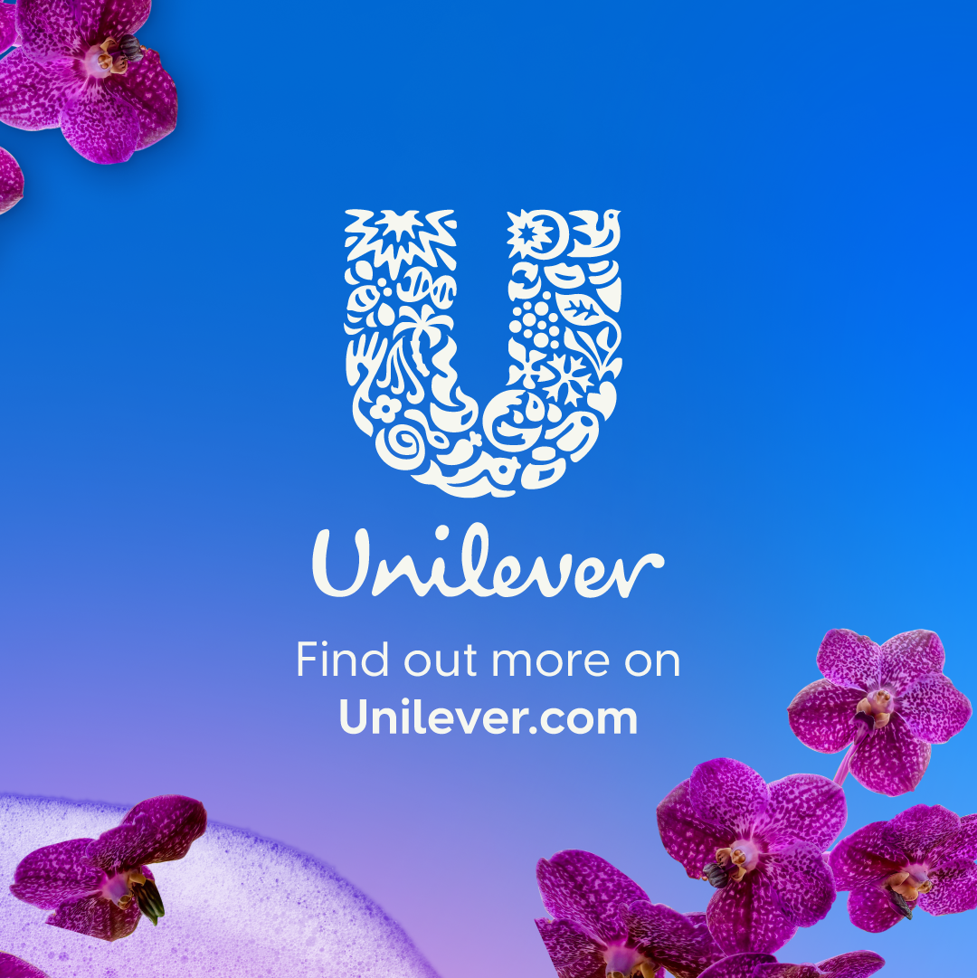 Unilever logo on a blue gradient background with purple flowers.