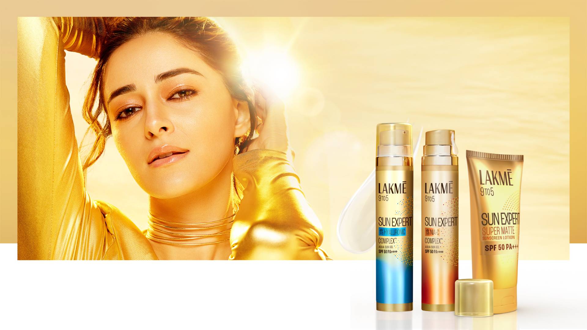 A blonde model in front of the Lakme sun products that are tapping into the trend for beauty products with suncare benefits