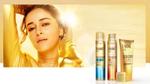 A blonde model in front of the Lakme sun products that are tapping into the trend for beauty products with suncare benefits