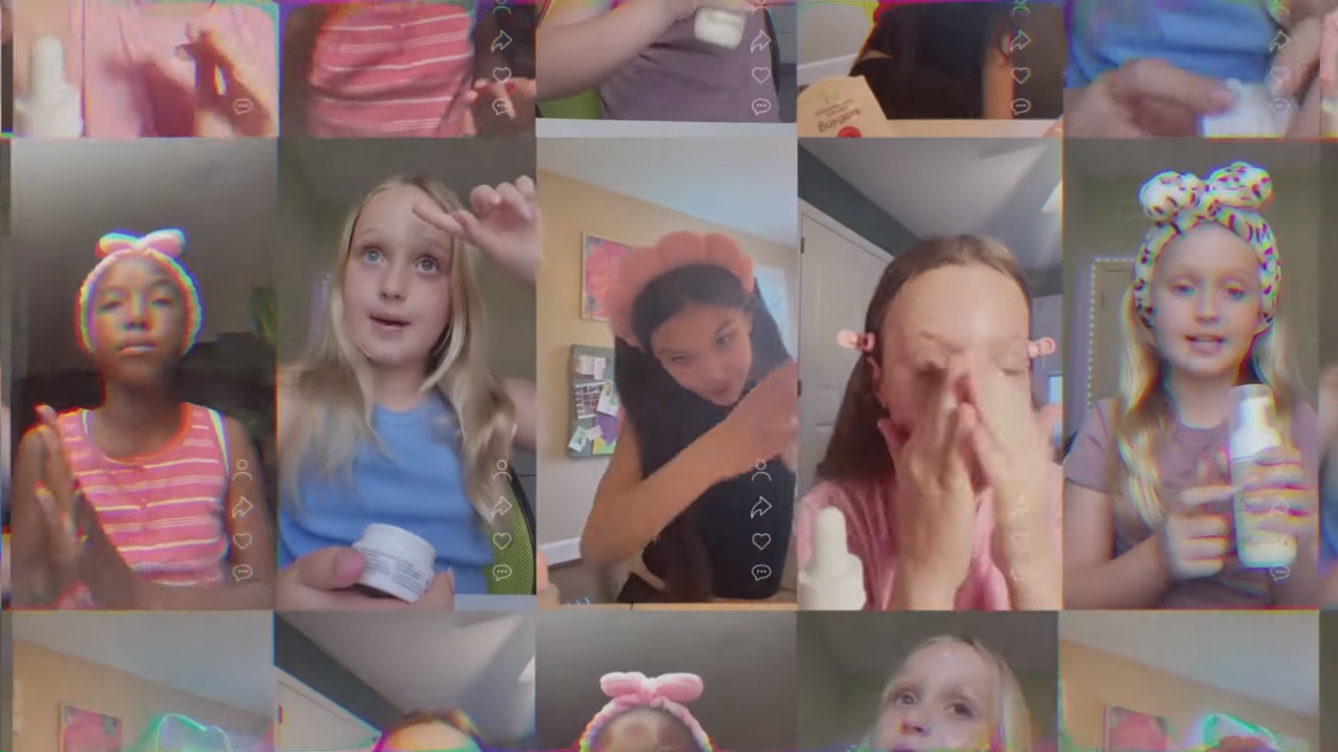 The screen is split into 15 different phone screen frames side by side. 10 are off the screen and five are in the middle of the screen. Each has a different little girl doing their skin care routines.