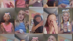 The screen is split into 15 different phone screen frames side by side. 10 are off the screen and five are in the middle of the screen. Each has a different little girl doing their skin care routines.